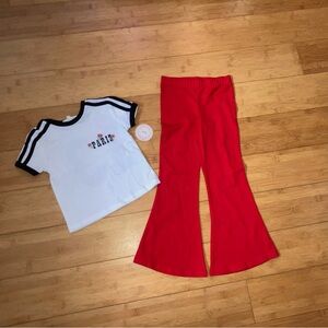 NWT Girls Size 8 Outfit - White Paris T-Shirt & Red Flared Pants Set